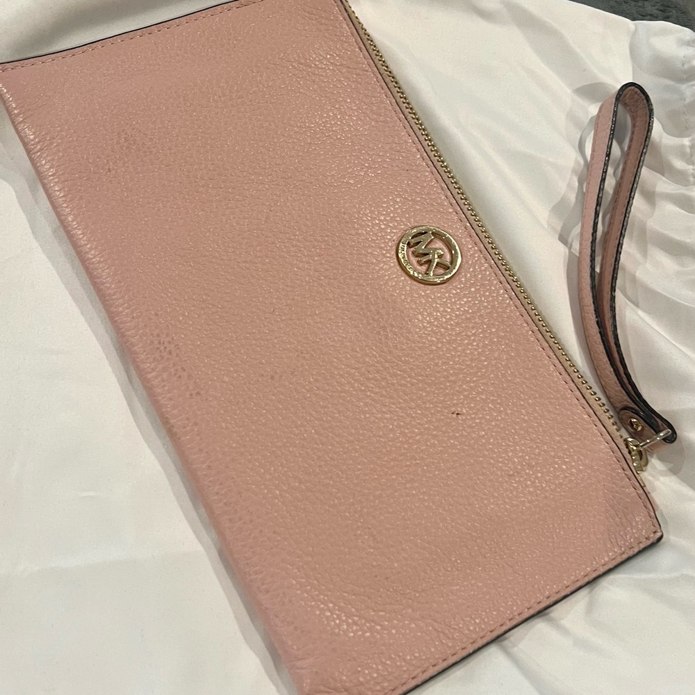 Michael Kors Blush Pink Pebbled Leather Wristlet with Gold MK Logo